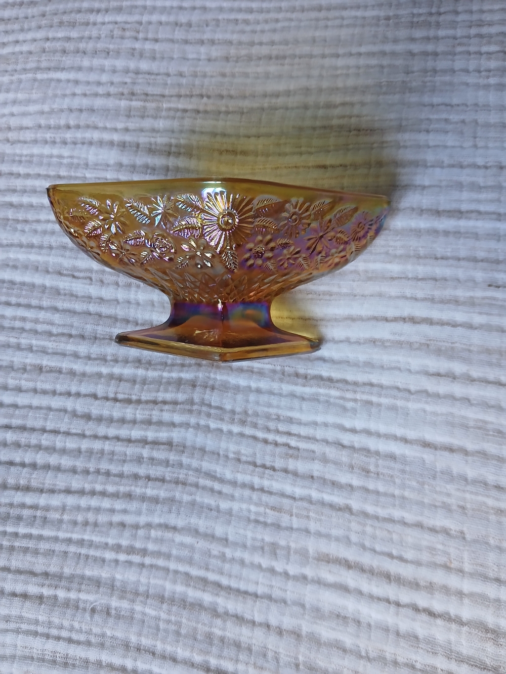Marigold Iridescent Carnival Glass Compote Dish/ Diamond Piedestal Dish/Indiana
